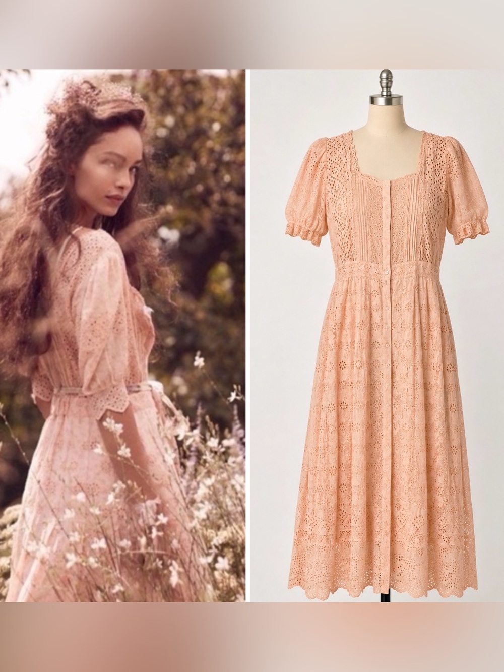 🌸LoveShackFancy Blush Pink Eyelet Button-Front Maxi Dress size 4